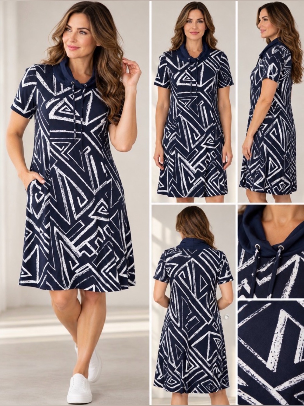 Joseph Ribkoff Style 241028 Abstract Print Cowl Dress Navy White Sz 8